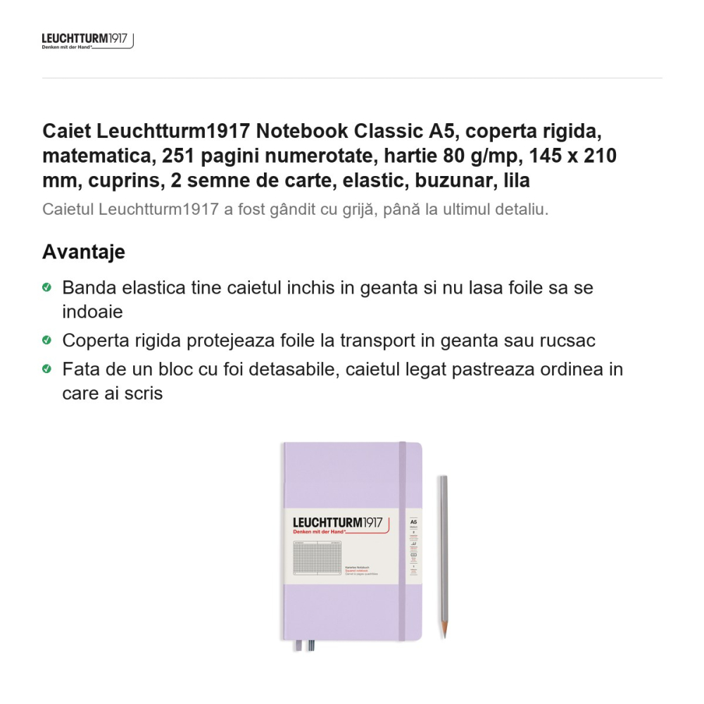 Caiet Leuchtturm1917 Notebook Classic A5, coperta rigida, matematica, 251 pagini numerotate, hartie 80 g/mp, 145 x 210 mm, cuprins, 2 semne de carte, elastic, buzunar, lila [2]