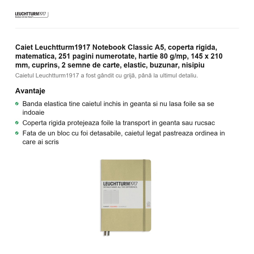Caiet Leuchtturm1917 Notebook Classic A5, coperta rigida, matematica, 251 pagini numerotate, hartie 80 g/mp, 145 x 210 mm, cuprins, 2 semne de carte, elastic, buzunar, nisipiu [2]