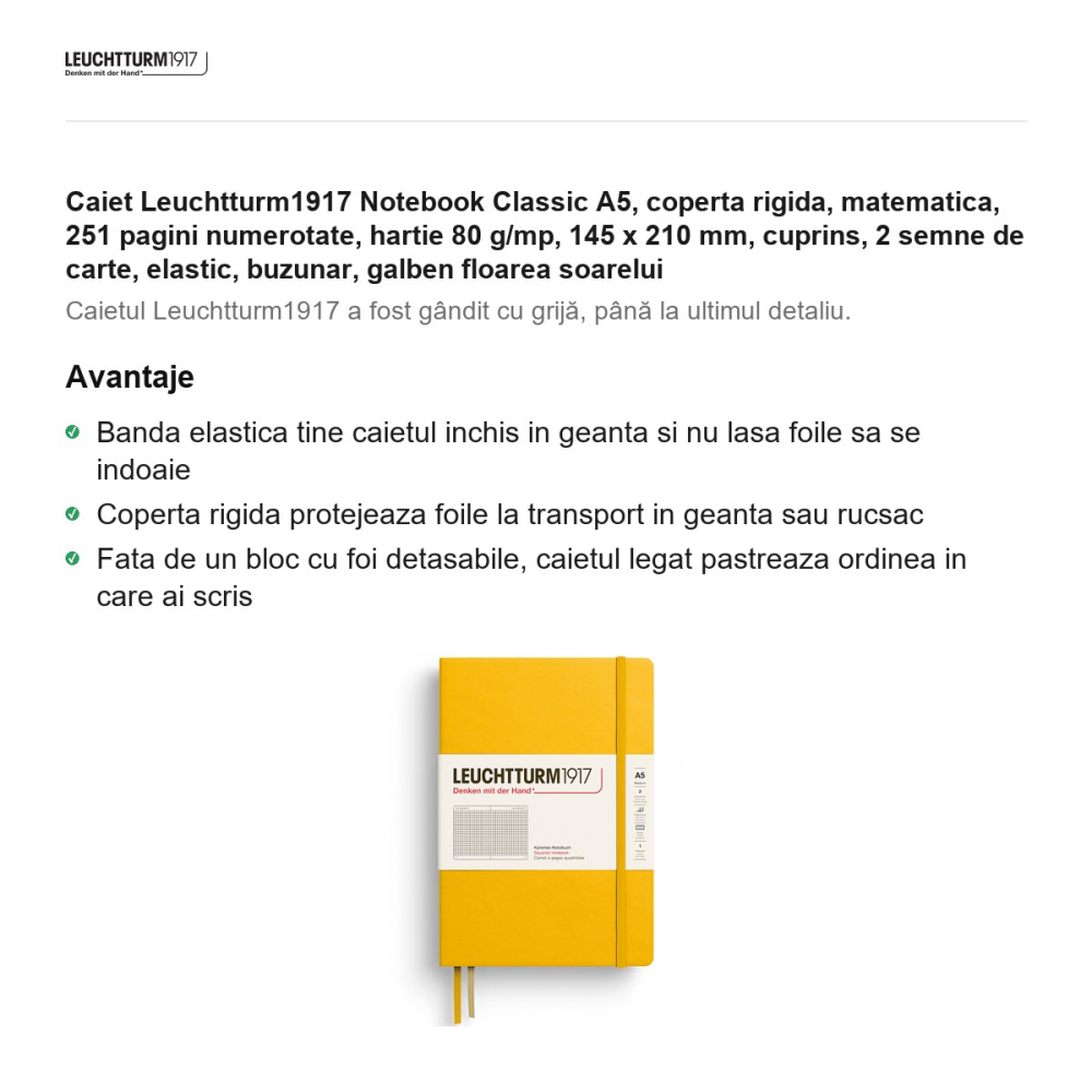 Caiet Leuchtturm1917 Notebook Classic A5, coperta rigida, matematica, 251 pagini numerotate, hartie 80 g/mp, 145 x 210 mm, cuprins, 2 semne de carte, elastic, buzunar, galben floarea soarelui [2]