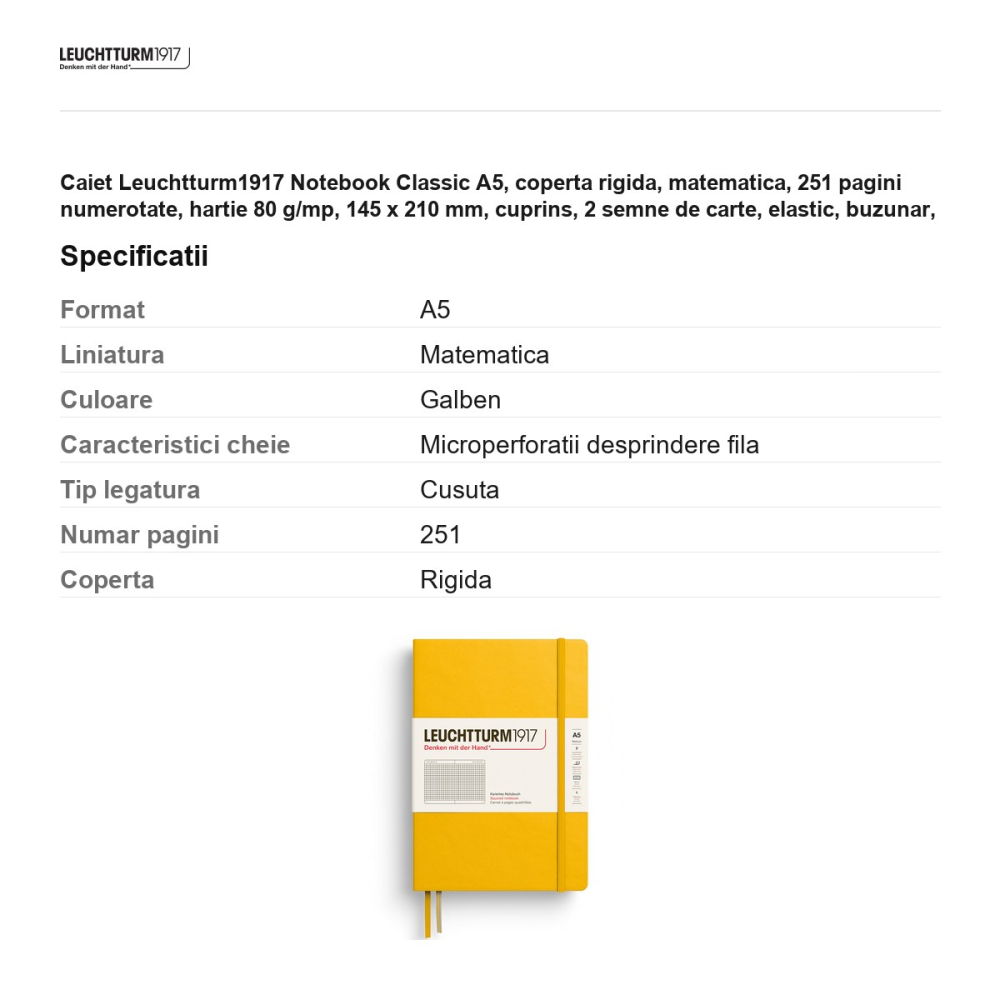 Caiet Leuchtturm1917 Notebook Classic A5, coperta rigida, matematica, 251 pagini numerotate, hartie 80 g/mp, 145 x 210 mm, cuprins, 2 semne de carte, elastic, buzunar, galben floarea soarelui [3]