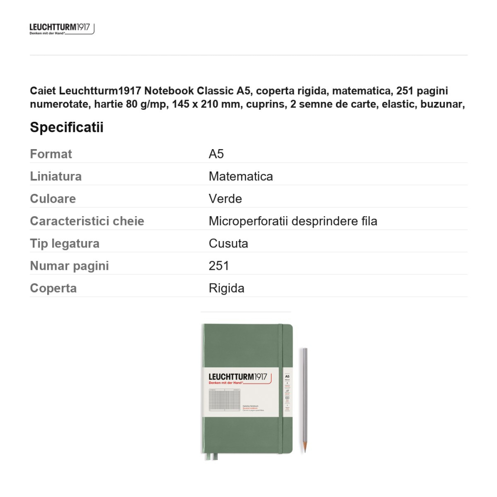 Caiet Leuchtturm1917 Notebook Classic A5, coperta rigida, matematica, 251 pagini numerotate, hartie 80 g/mp, 145 x 210 mm, cuprins, 2 semne de carte, elastic, buzunar, olive [3]