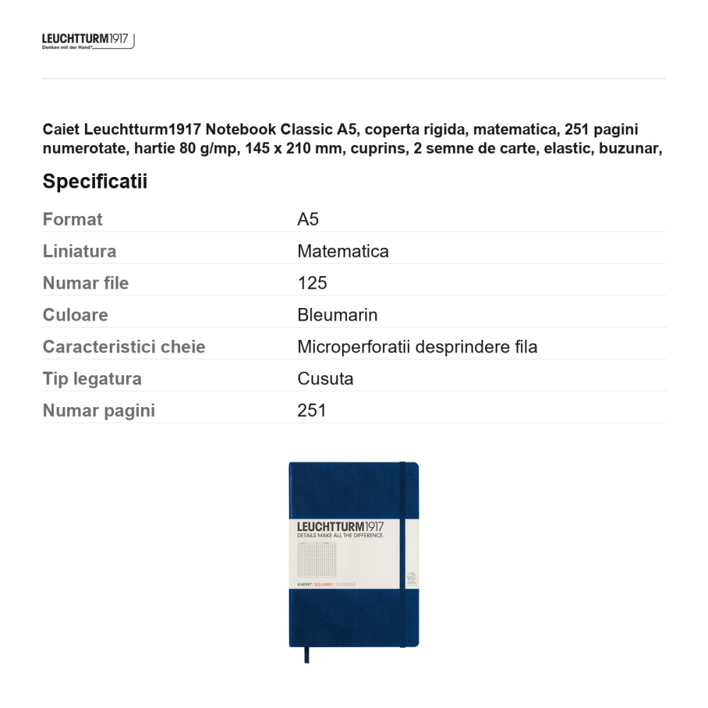 Caiet Leuchtturm1917 Notebook Classic A5, coperta rigida, matematica, 251 pagini numerotate, hartie 80 g/mp, 145 x 210 mm, cuprins, 2 semne de carte, elastic, buzunar, albastru navy [3]