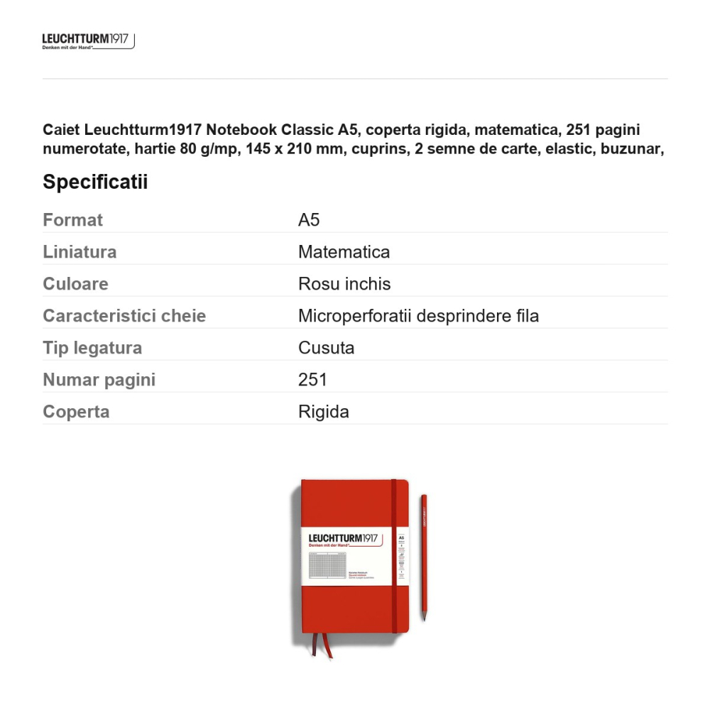 Caiet Leuchtturm1917 Notebook Classic A5, coperta rigida, matematica, 251 pagini numerotate, hartie 80 g/mp, 145 x 210 mm, cuprins, 2 semne de carte, elastic, buzunar, rosu inchis [3]
