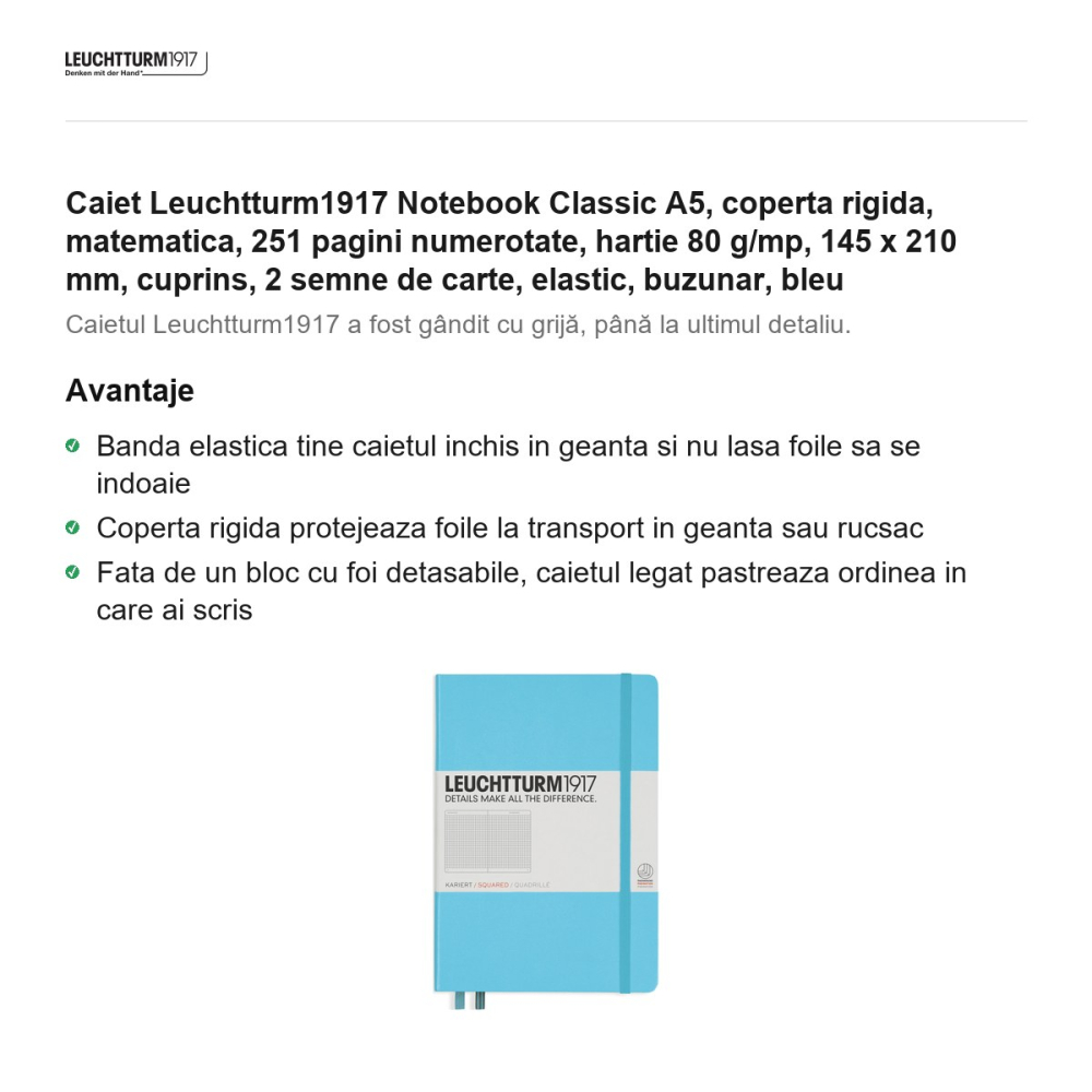 Caiet Leuchtturm1917 Notebook Classic A5, coperta rigida, matematica, 251 pagini numerotate, hartie 80 g/mp, 145 x 210 mm, cuprins, 2 semne de carte, elastic, buzunar, bleu [2]