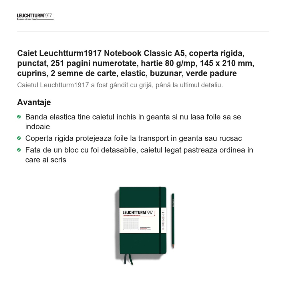 Caiet Leuchtturm1917 Notebook Classic A5, coperta rigida, punctat, 251 pagini numerotate, hartie 80 g/mp, 145 x 210 mm, cuprins, 2 semne de carte, elastic, buzunar, verde padure [2]