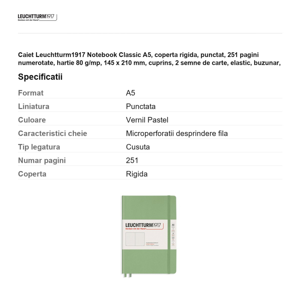 Caiet Leuchtturm1917 Notebook Classic A5, coperta rigida, punctat, 251 pagini numerotate, hartie 80 g/mp, 145 x 210 mm, cuprins, 2 semne de carte, elastic, buzunar, vernil pastel [3]