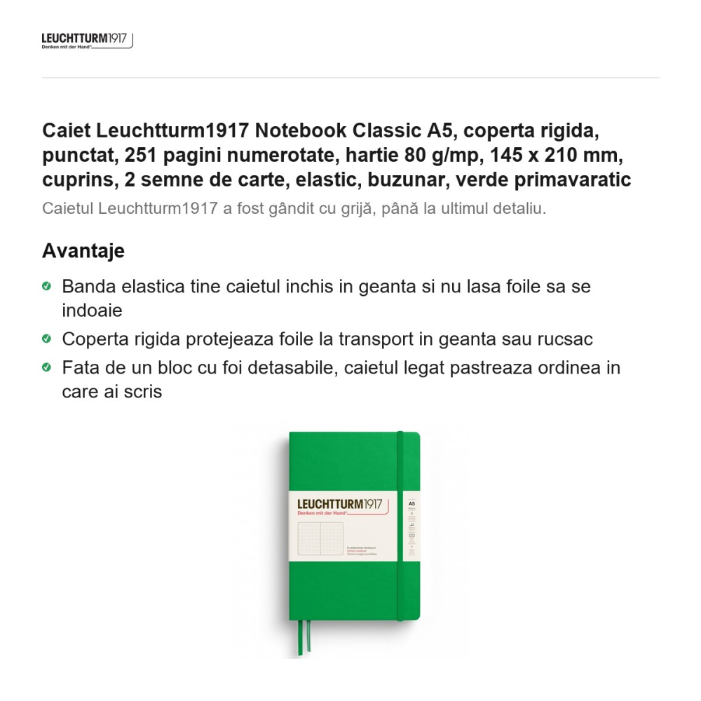 Caiet Leuchtturm1917 Notebook Classic A5, coperta rigida, punctat, 251 pagini numerotate, hartie 80 g/mp, 145 x 210 mm, cuprins, 2 semne de carte, elastic, buzunar, verde primavaratic [2]