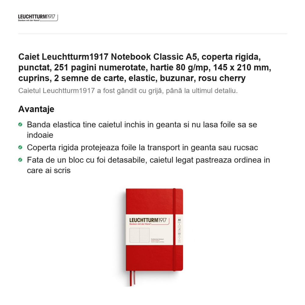 Caiet Leuchtturm1917 Notebook Classic A5, coperta rigida, punctat, 251 pagini numerotate, hartie 80 g/mp, 145 x 210 mm, cuprins, 2 semne de carte, elastic, buzunar, rosu cherry [2]
