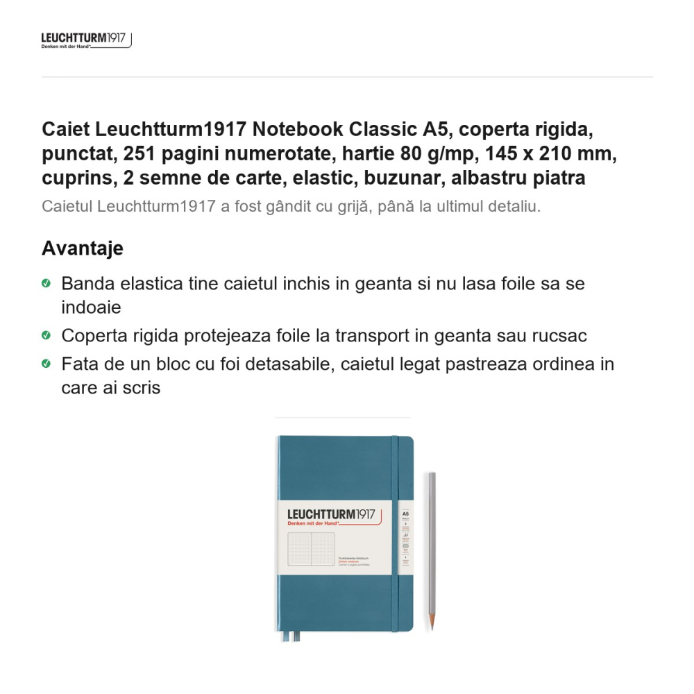 Caiet Leuchtturm1917 Notebook Classic A5, coperta rigida, punctat, 251 pagini numerotate, hartie 80 g/mp, 145 x 210 mm, cuprins, 2 semne de carte, elastic, buzunar, albastru piatra [2]