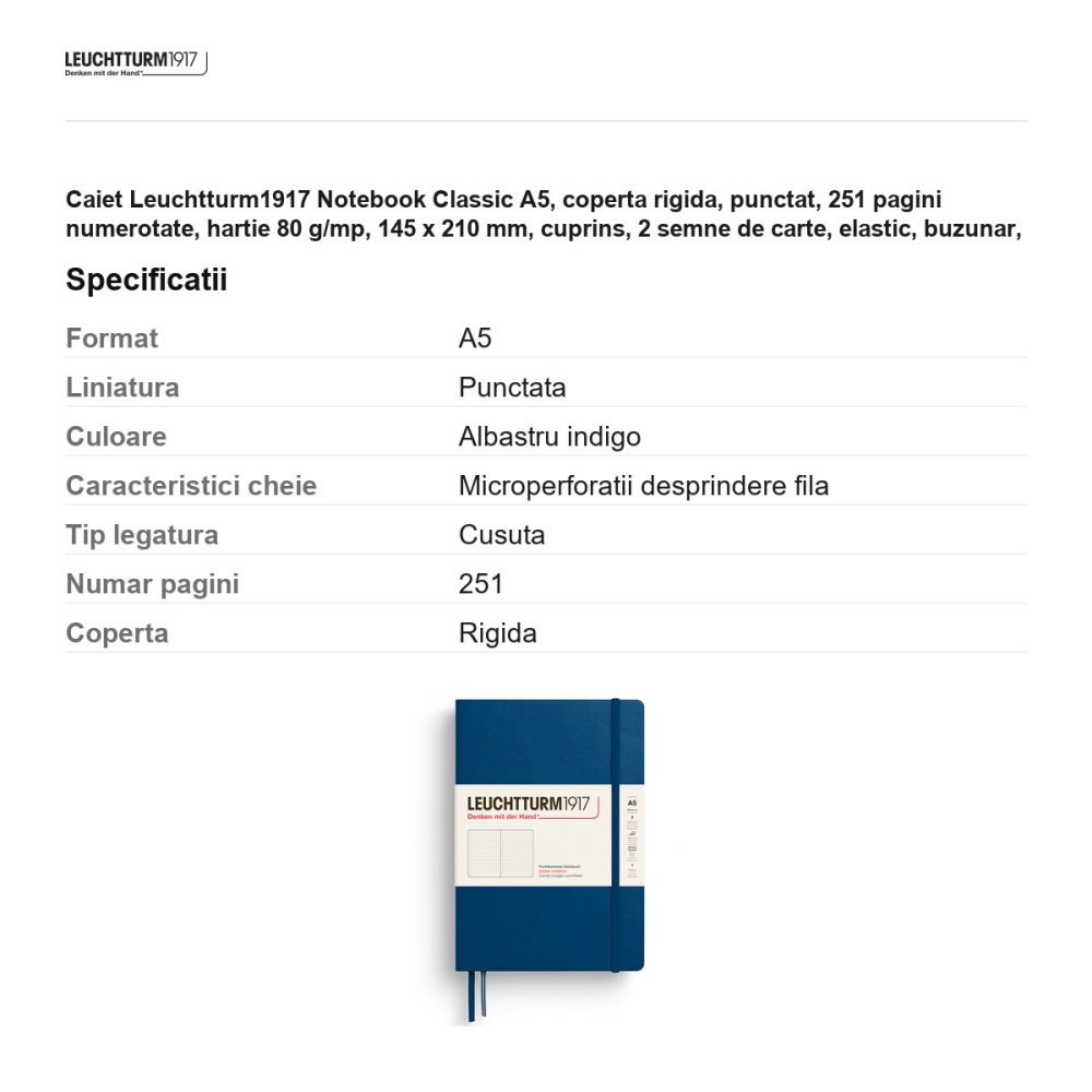 Caiet Leuchtturm1917 Notebook Classic A5, coperta rigida, punctat, 251 pagini numerotate, hartie 80 g/mp, 145 x 210 mm, cuprins, 2 semne de carte, elastic, buzunar, indigo [3]