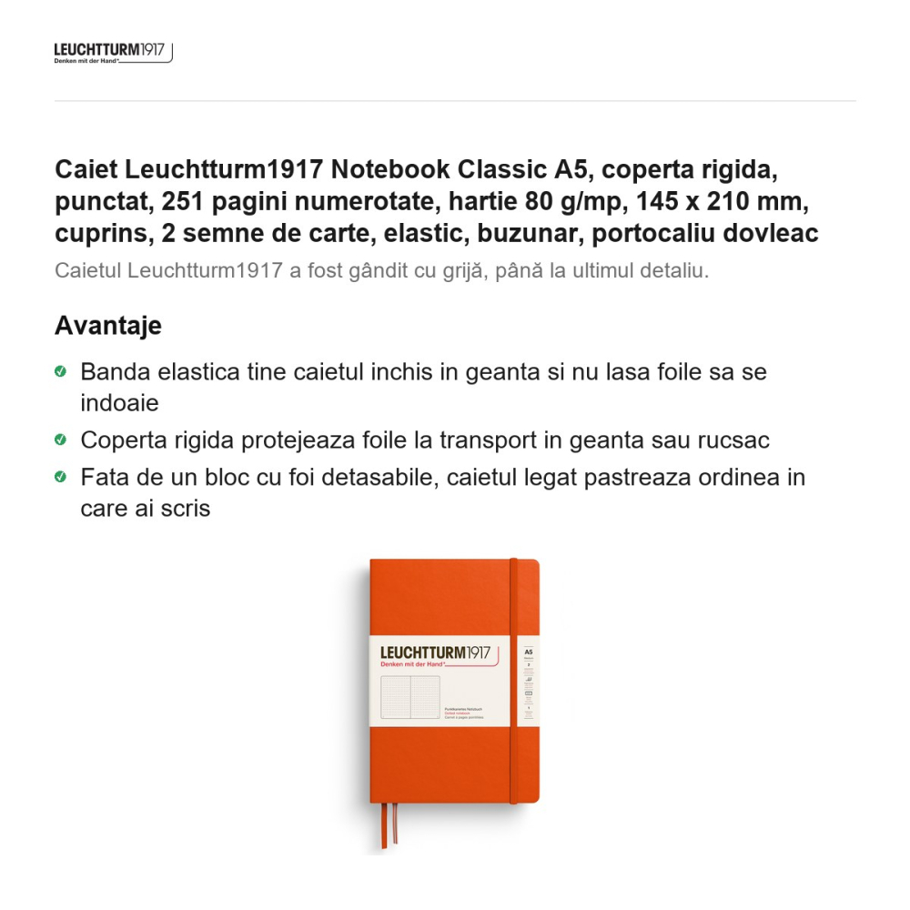 Caiet Leuchtturm1917 Notebook Classic A5, coperta rigida, punctat, 251 pagini numerotate, hartie 80 g/mp, 145 x 210 mm, cuprins, 2 semne de carte, elastic, buzunar, portocaliu dovleac [2]
