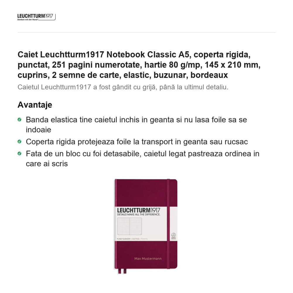 Caiet Leuchtturm1917 Notebook Classic A5, coperta rigida, punctat, 251 pagini numerotate, hartie 80 g/mp, 145 x 210 mm, cuprins, 2 semne de carte, elastic, buzunar, bordeaux [2]