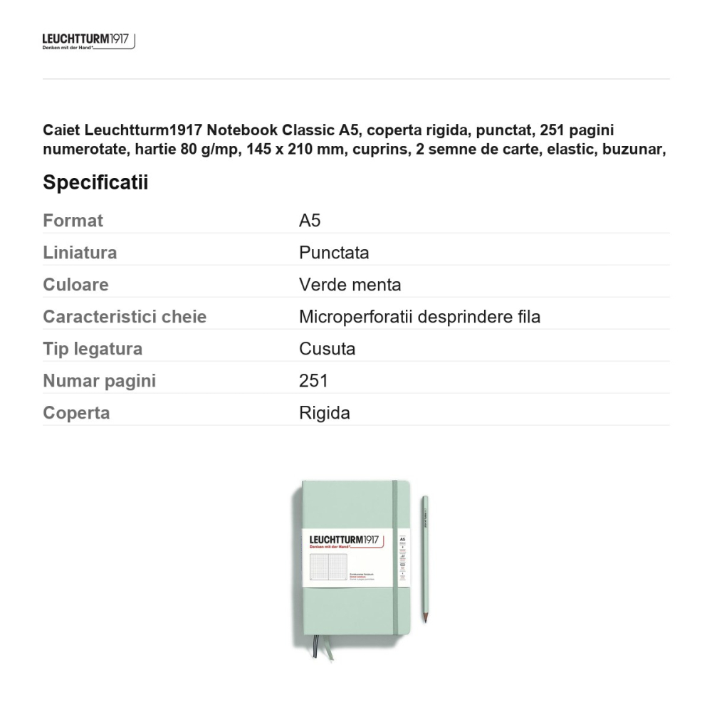 Caiet Leuchtturm1917 Notebook Classic A5, coperta rigida, punctat, 251 pagini numerotate, hartie 80 g/mp, 145 x 210 mm, cuprins, 2 semne de carte, elastic, buzunar, verde menta [3]