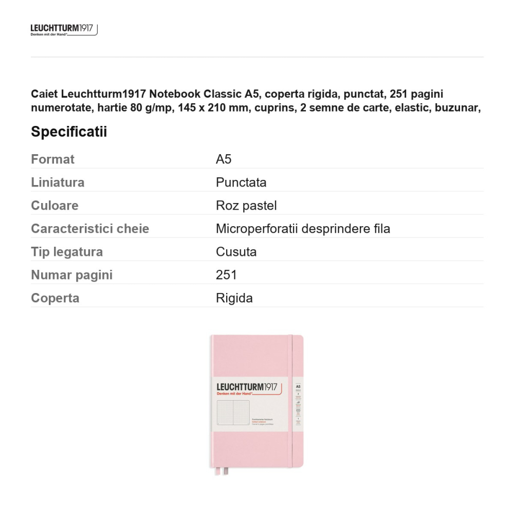 Caiet Leuchtturm1917 Notebook Classic A5, coperta rigida, punctat, 251 pagini numerotate, hartie 80 g/mp, 145 x 210 mm, cuprins, 2 semne de carte, elastic, buzunar, roz pastel [3]