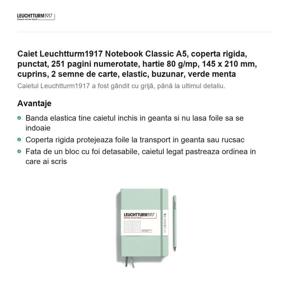 Caiet Leuchtturm1917 Notebook Classic A5, coperta rigida, punctat, 251 pagini numerotate, hartie 80 g/mp, 145 x 210 mm, cuprins, 2 semne de carte, elastic, buzunar, verde menta [2]