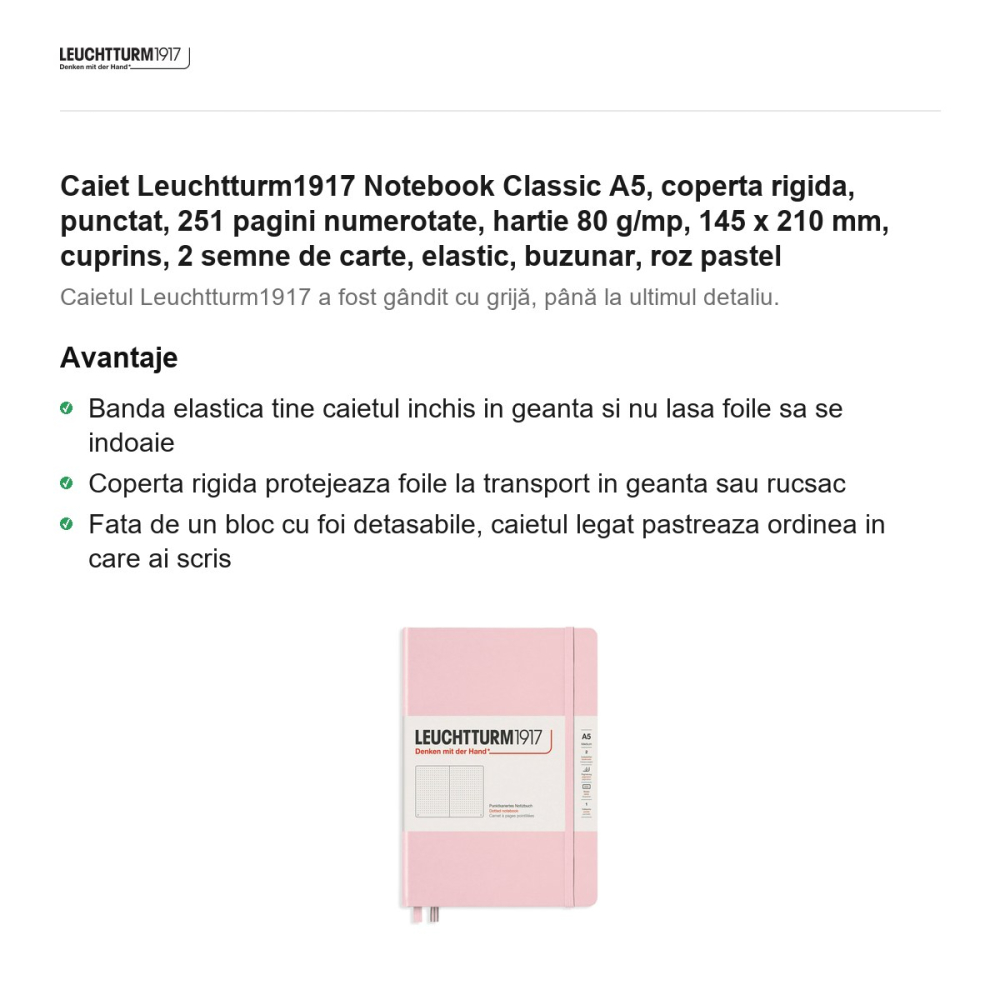 Caiet Leuchtturm1917 Notebook Classic A5, coperta rigida, punctat, 251 pagini numerotate, hartie 80 g/mp, 145 x 210 mm, cuprins, 2 semne de carte, elastic, buzunar, roz pastel [2]