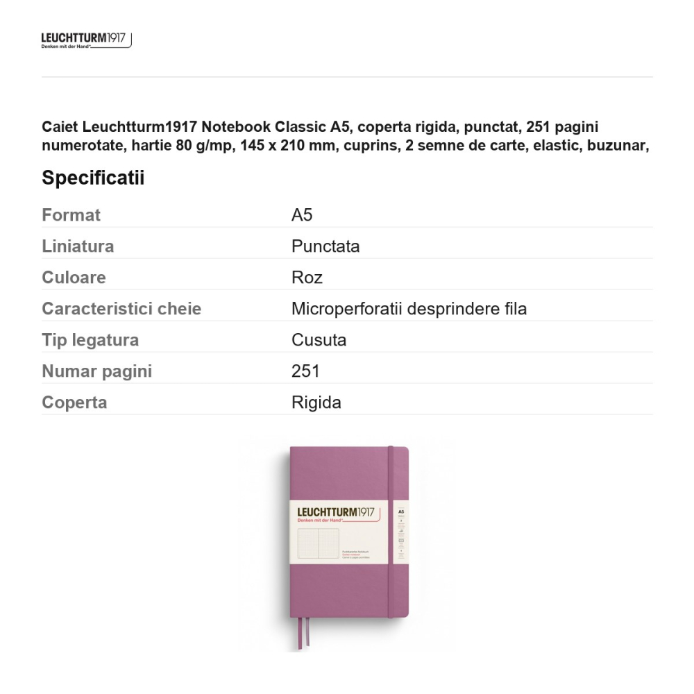 Caiet Leuchtturm1917 Notebook Classic A5, coperta rigida, punctat, 251 pagini numerotate, hartie 80 g/mp, 145 x 210 mm, cuprins, 2 semne de carte, elastic, buzunar, dusty rose [3]