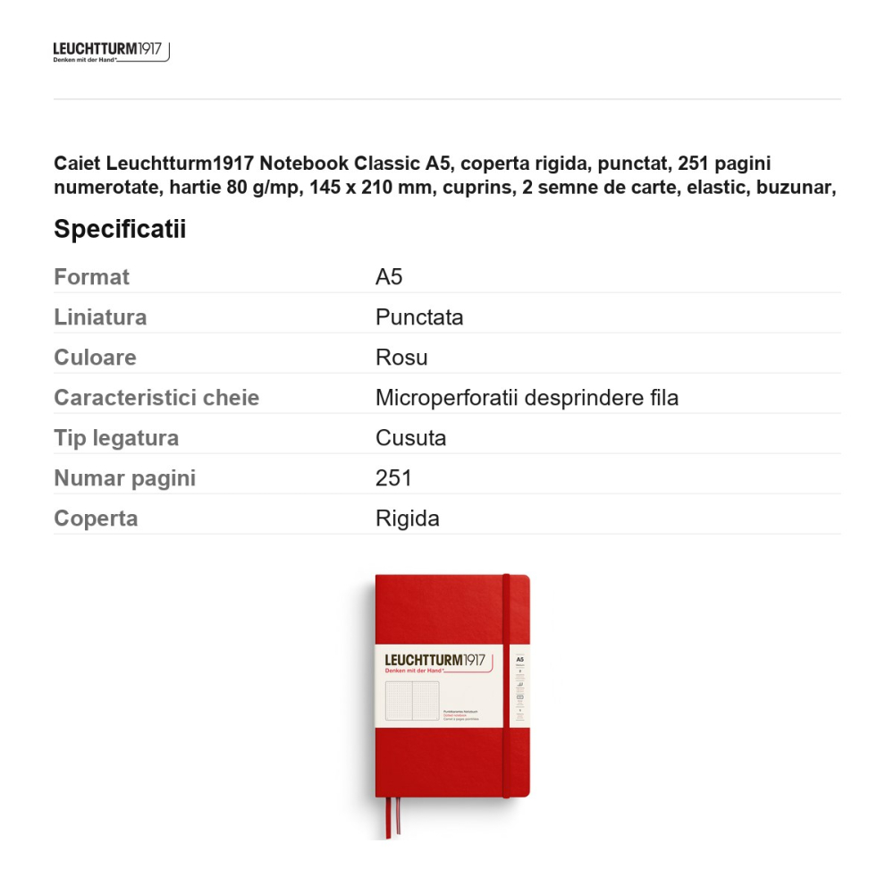 Caiet Leuchtturm1917 Notebook Classic A5, coperta rigida, punctat, 251 pagini numerotate, hartie 80 g/mp, 145 x 210 mm, cuprins, 2 semne de carte, elastic, buzunar, rosu cherry [3]