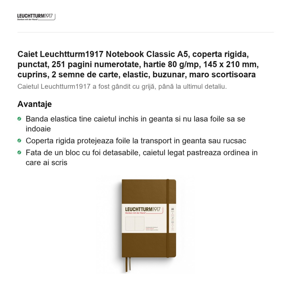 Caiet Leuchtturm1917 Notebook Classic A5, coperta rigida, punctat, 251 pagini numerotate, hartie 80 g/mp, 145 x 210 mm, cuprins, 2 semne de carte, elastic, buzunar, maro scortisoara [2]