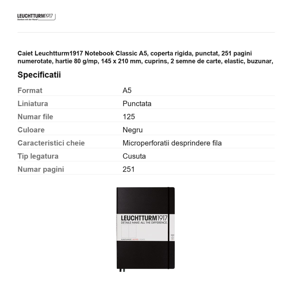 Caiet Leuchtturm1917 Notebook Classic A5, coperta rigida, punctat, 251 pagini numerotate, hartie 80 g/mp, 145 x 210 mm, cuprins, 2 semne de carte, elastic, buzunar, negru [3]