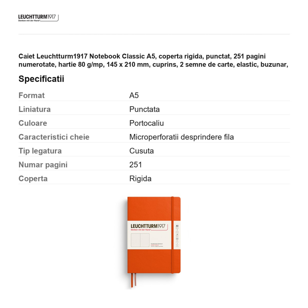 Caiet Leuchtturm1917 Notebook Classic A5, coperta rigida, punctat, 251 pagini numerotate, hartie 80 g/mp, 145 x 210 mm, cuprins, 2 semne de carte, elastic, buzunar, portocaliu dovleac [3]