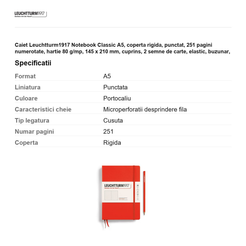 Caiet Leuchtturm1917 Notebook Classic A5, coperta rigida, punctat, 251 pagini numerotate, hartie 80 g/mp, 145 x 210 mm, cuprins, 2 semne de carte, elastic, buzunar, portocaliu inchis lobster [3]