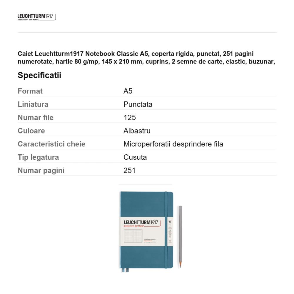 Caiet Leuchtturm1917 Notebook Classic A5, coperta rigida, punctat, 251 pagini numerotate, hartie 80 g/mp, 145 x 210 mm, cuprins, 2 semne de carte, elastic, buzunar, albastru piatra [3]