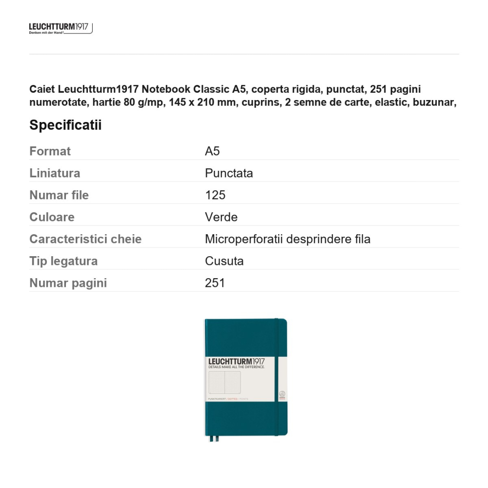 Caiet Leuchtturm1917 Notebook Classic A5, coperta rigida, punctat, 251 pagini numerotate, hartie 80 g/mp, 145 x 210 mm, cuprins, 2 semne de carte, elastic, buzunar, verde pacific [3]