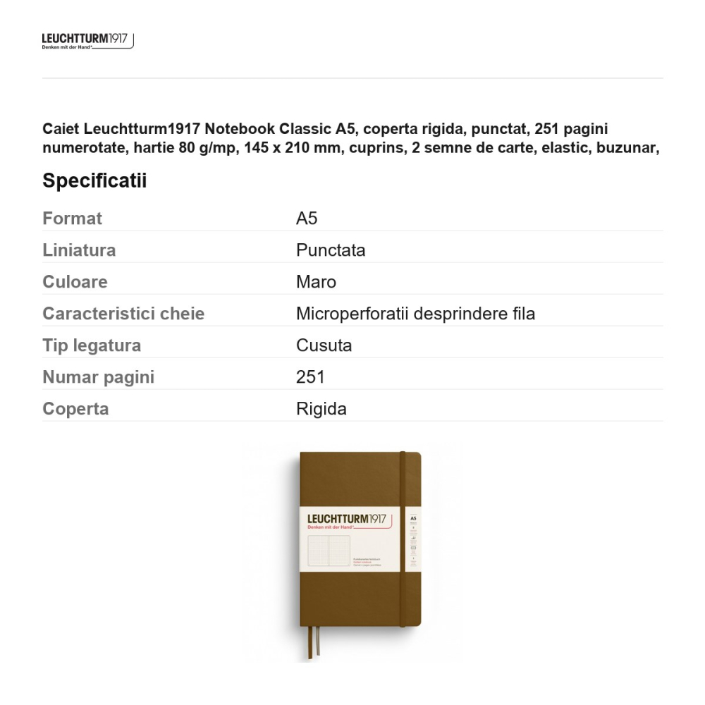 Caiet Leuchtturm1917 Notebook Classic A5, coperta rigida, punctat, 251 pagini numerotate, hartie 80 g/mp, 145 x 210 mm, cuprins, 2 semne de carte, elastic, buzunar, maro scortisoara [3]