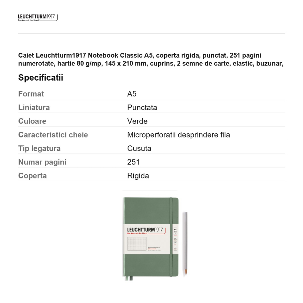 Caiet Leuchtturm1917 Notebook Classic A5, coperta rigida, punctat, 251 pagini numerotate, hartie 80 g/mp, 145 x 210 mm, cuprins, 2 semne de carte, elastic, buzunar, olive [3]