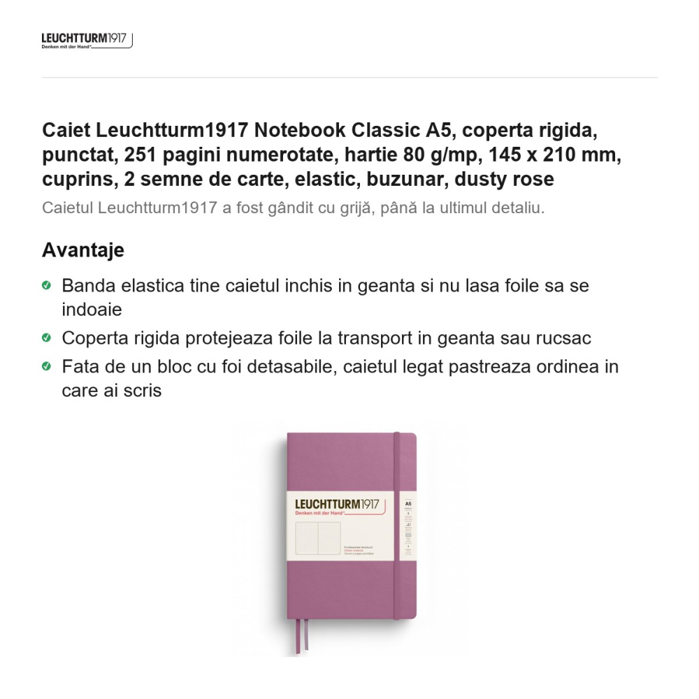 Caiet Leuchtturm1917 Notebook Classic A5, coperta rigida, punctat, 251 pagini numerotate, hartie 80 g/mp, 145 x 210 mm, cuprins, 2 semne de carte, elastic, buzunar, dusty rose [2]
