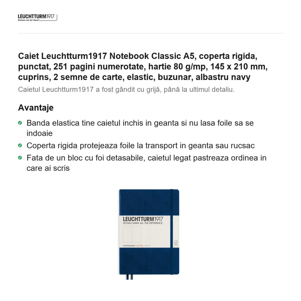 Caiet Leuchtturm1917 Notebook Classic A5, coperta rigida, punctat, 251 pagini numerotate, hartie 80 g/mp, 145 x 210 mm, cuprins, 2 semne de carte, elastic, buzunar, albastru navy [2]