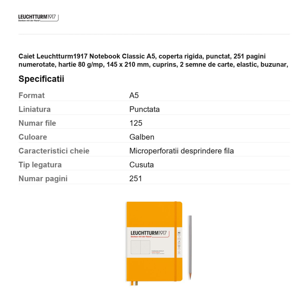 Caiet Leuchtturm1917 Notebook Classic A5, coperta rigida, punctat, 251 pagini numerotate, hartie 80 g/mp, 145 x 210 mm, cuprins, 2 semne de carte, elastic, buzunar, galben mustar [3]