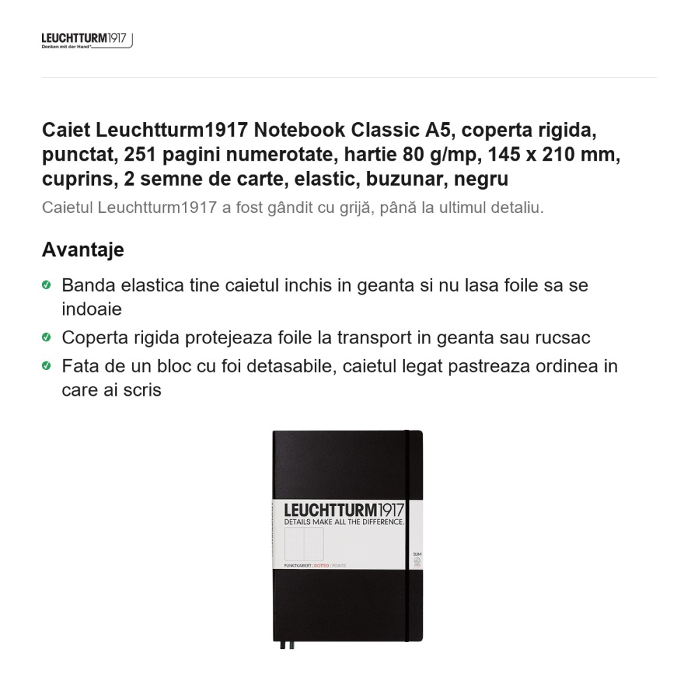 Caiet Leuchtturm1917 Notebook Classic A5, coperta rigida, punctat, 251 pagini numerotate, hartie 80 g/mp, 145 x 210 mm, cuprins, 2 semne de carte, elastic, buzunar, negru [2]