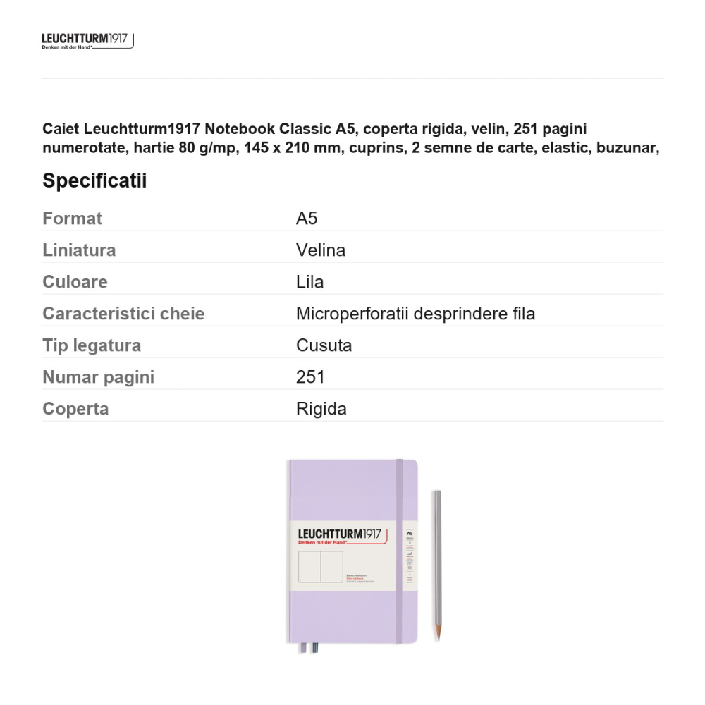 Caiet Leuchtturm1917 Notebook Classic A5, coperta rigida, velin, 251 pagini numerotate, hartie 80 g/mp, 145 x 210 mm, cuprins, 2 semne de carte, elastic, buzunar, lila [3]