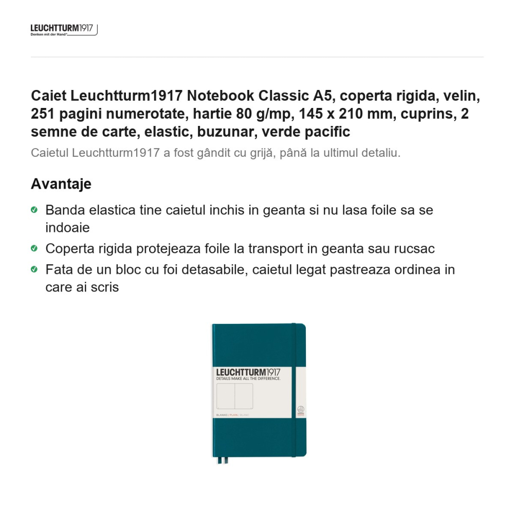 Caiet Leuchtturm1917 Notebook Classic A5, coperta rigida, velin, 251 pagini numerotate, hartie 80 g/mp, 145 x 210 mm, cuprins, 2 semne de carte, elastic, buzunar, verde pacific [2]