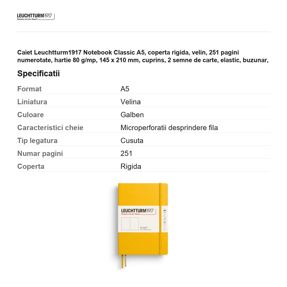 Caiet Leuchtturm1917 Notebook Classic A5, coperta rigida, velin, 251 pagini numerotate, hartie 80 g/mp, 145 x 210 mm, cuprins, 2 semne de carte, elastic, buzunar, galben floarea soarelui [3]