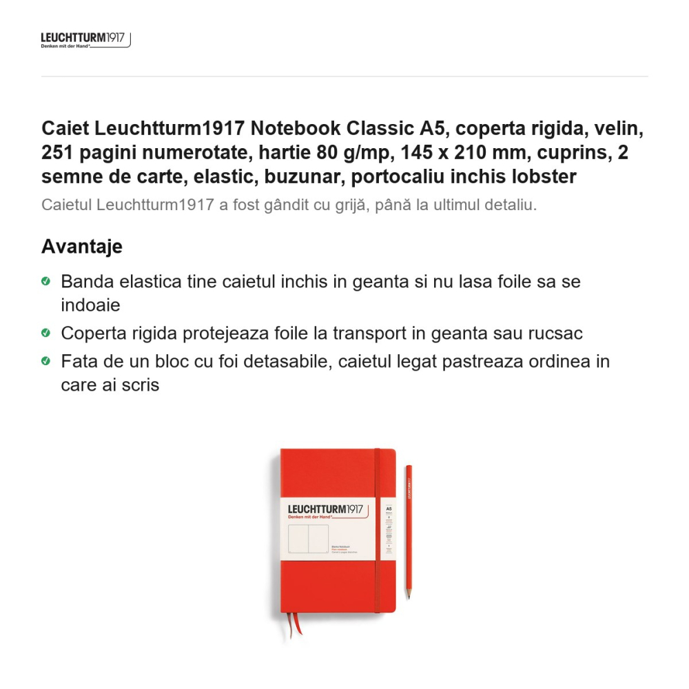 Caiet Leuchtturm1917 Notebook Classic A5, coperta rigida, velin, 251 pagini numerotate, hartie 80 g/mp, 145 x 210 mm, cuprins, 2 semne de carte, elastic, buzunar, portocaliu inchis lobster [2]