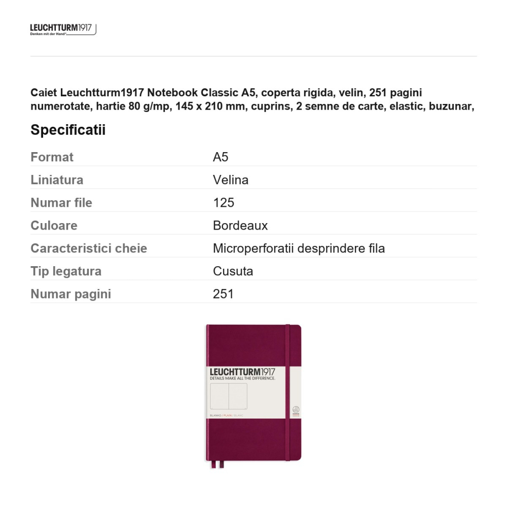 Caiet Leuchtturm1917 Notebook Classic A5, coperta rigida, velin, 251 pagini numerotate, hartie 80 g/mp, 145 x 210 mm, cuprins, 2 semne de carte, elastic, buzunar, bordeaux [3]