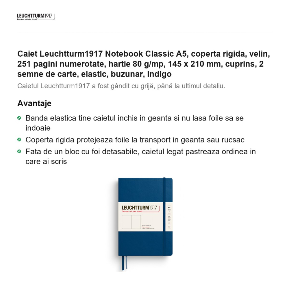 Caiet Leuchtturm1917 Notebook Classic A5, coperta rigida, velin, 251 pagini numerotate, hartie 80 g/mp, 145 x 210 mm, cuprins, 2 semne de carte, elastic, buzunar, indigo [2]