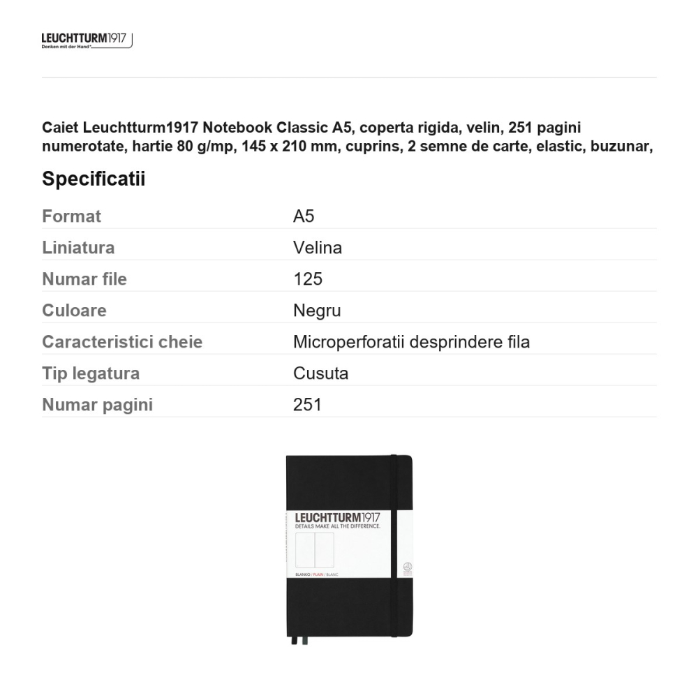 Caiet Leuchtturm1917 Notebook Classic A5, coperta rigida, velin, 251 pagini numerotate, hartie 80 g/mp, 145 x 210 mm, cuprins, 2 semne de carte, elastic, buzunar, negru [3]