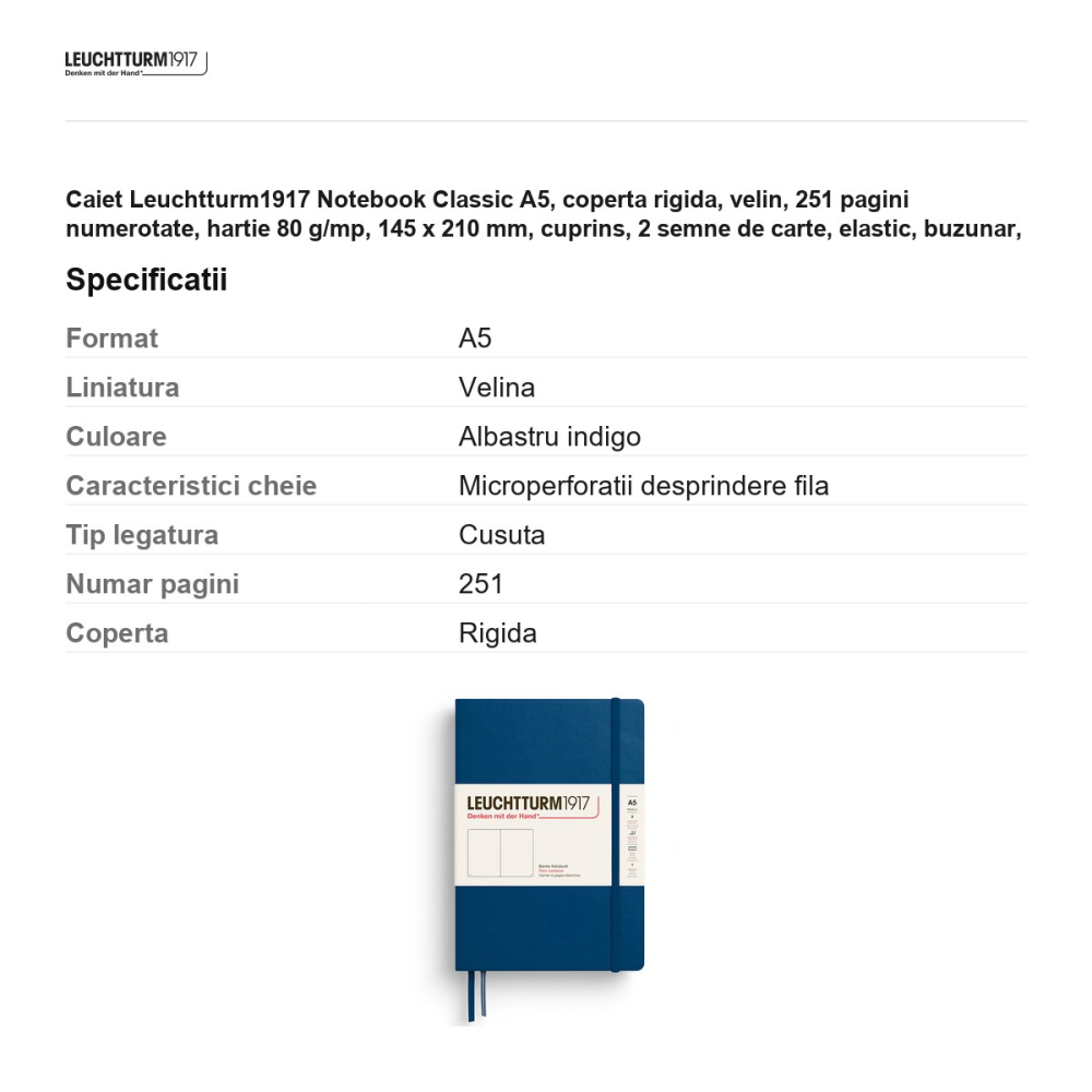 Caiet Leuchtturm1917 Notebook Classic A5, coperta rigida, velin, 251 pagini numerotate, hartie 80 g/mp, 145 x 210 mm, cuprins, 2 semne de carte, elastic, buzunar, indigo [3]