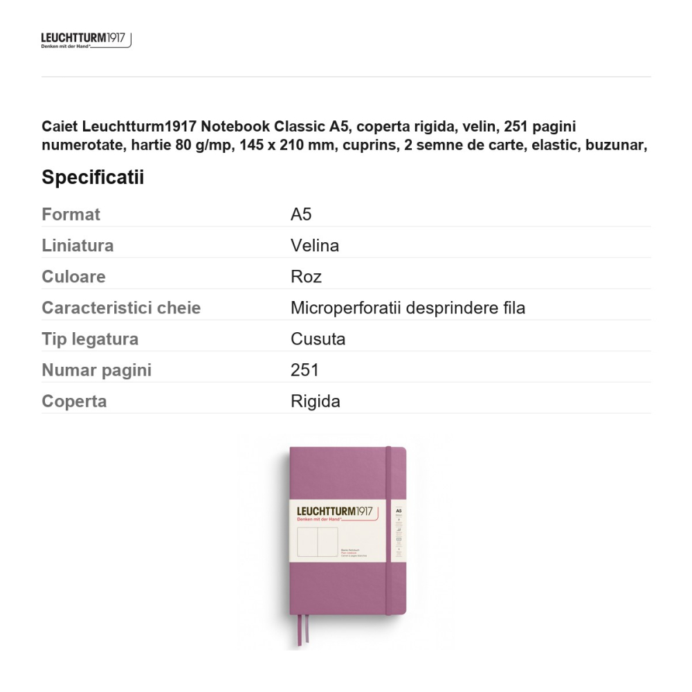 Caiet Leuchtturm1917 Notebook Classic A5, coperta rigida, velin, 251 pagini numerotate, hartie 80 g/mp, 145 x 210 mm, cuprins, 2 semne de carte, elastic, buzunar, dusty rose [3]