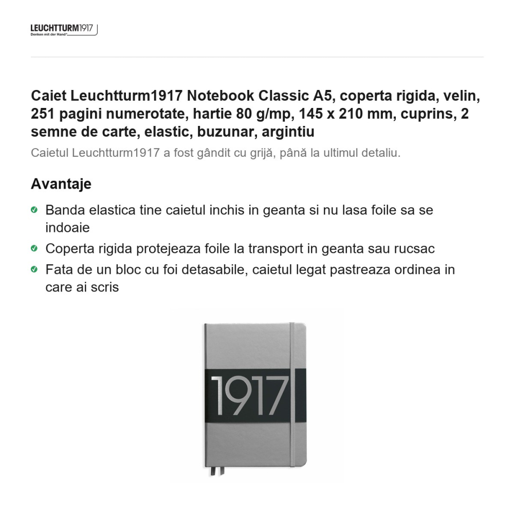 Caiet Leuchtturm1917 Notebook Classic A5, coperta rigida, velin, 251 pagini numerotate, hartie 80 g/mp, 145 x 210 mm, cuprins, 2 semne de carte, elastic, buzunar, argintiu [2]