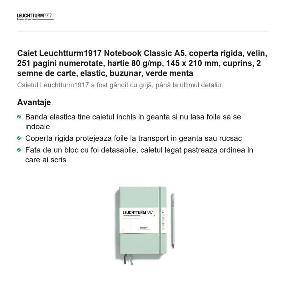 Caiet Leuchtturm1917 Notebook Classic A5, coperta rigida, velin, 251 pagini numerotate, hartie 80 g/mp, 145 x 210 mm, cuprins, 2 semne de carte, elastic, buzunar, verde menta [2]