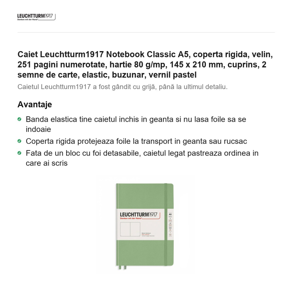 Caiet Leuchtturm1917 Notebook Classic A5, coperta rigida, velin, 251 pagini numerotate, hartie 80 g/mp, 145 x 210 mm, cuprins, 2 semne de carte, elastic, buzunar, vernil pastel [2]