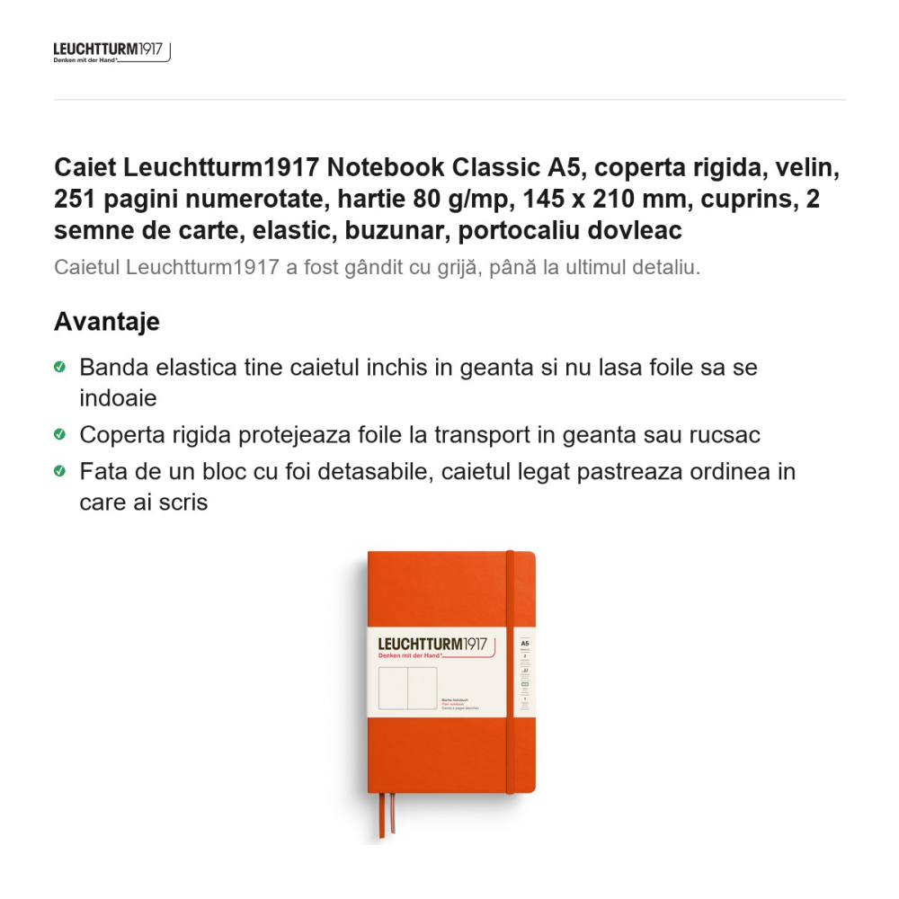 Caiet Leuchtturm1917 Notebook Classic A5, coperta rigida, velin, 251 pagini numerotate, hartie 80 g/mp, 145 x 210 mm, cuprins, 2 semne de carte, elastic, buzunar, portocaliu dovleac [2]