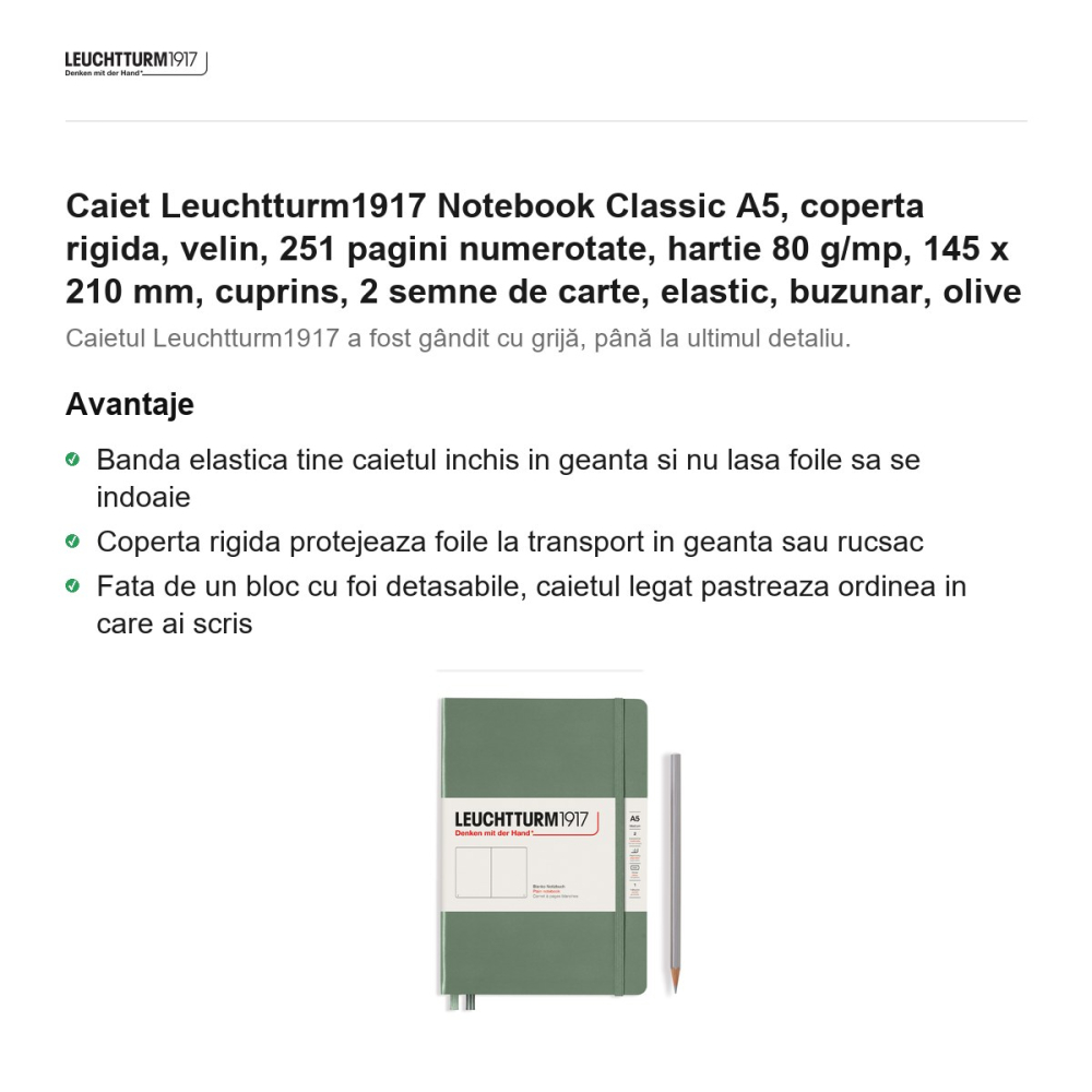Caiet Leuchtturm1917 Notebook Classic A5, coperta rigida, velin, 251 pagini numerotate, hartie 80 g/mp, 145 x 210 mm, cuprins, 2 semne de carte, elastic, buzunar, olive [2]