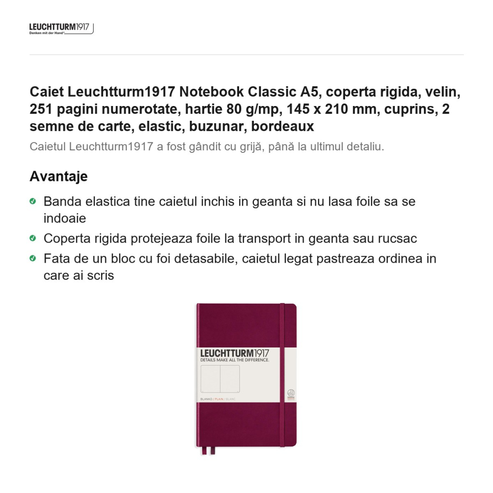 Caiet Leuchtturm1917 Notebook Classic A5, coperta rigida, velin, 251 pagini numerotate, hartie 80 g/mp, 145 x 210 mm, cuprins, 2 semne de carte, elastic, buzunar, bordeaux [2]