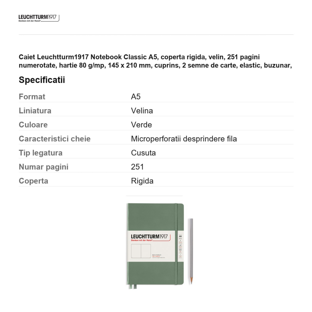 Caiet Leuchtturm1917 Notebook Classic A5, coperta rigida, velin, 251 pagini numerotate, hartie 80 g/mp, 145 x 210 mm, cuprins, 2 semne de carte, elastic, buzunar, olive [3]